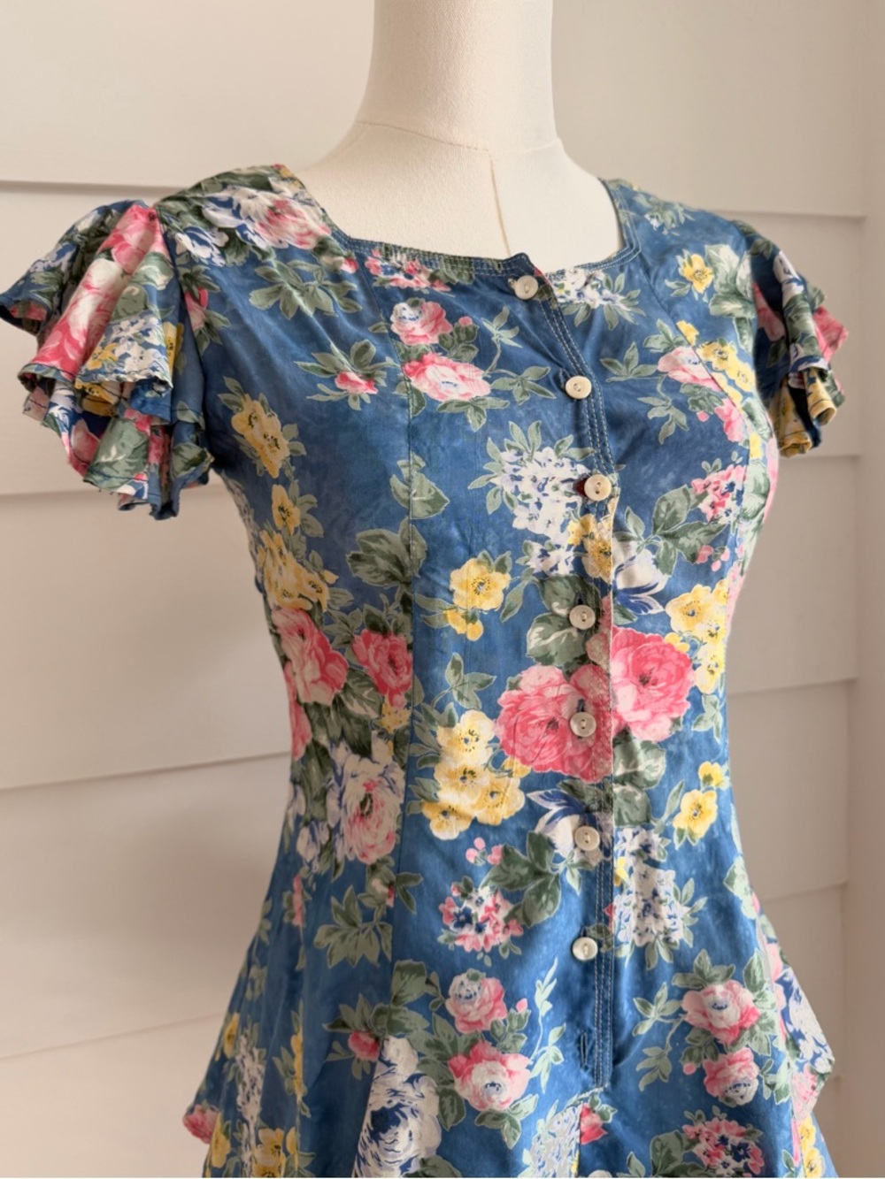 Vintage Floral Print Ruffle Hem Mini Dress XS - Picture 3 of 7